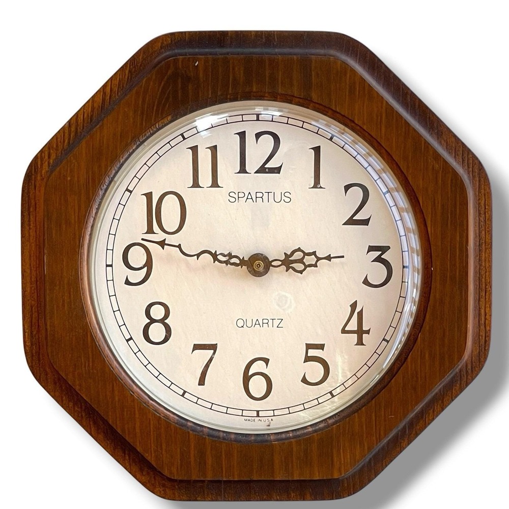 Vintage Wood Frame Clock w/Domed Glass Face 10 X 10" SPARTUS QUARTZ Cottagecore